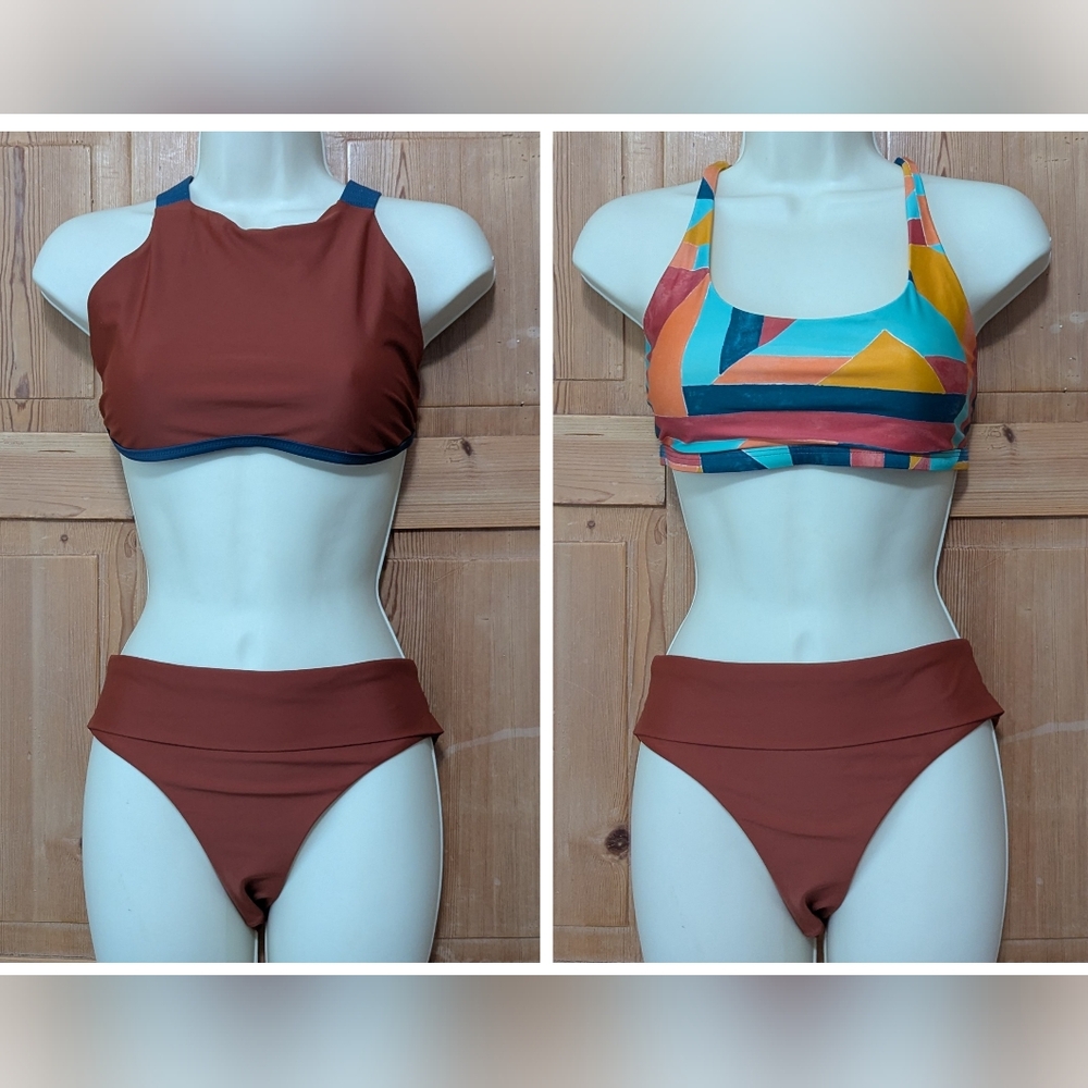 Set Of 3 Prana Bikini Pieces Rust Orange /Blue /Atlantic Seaglass Small Medium